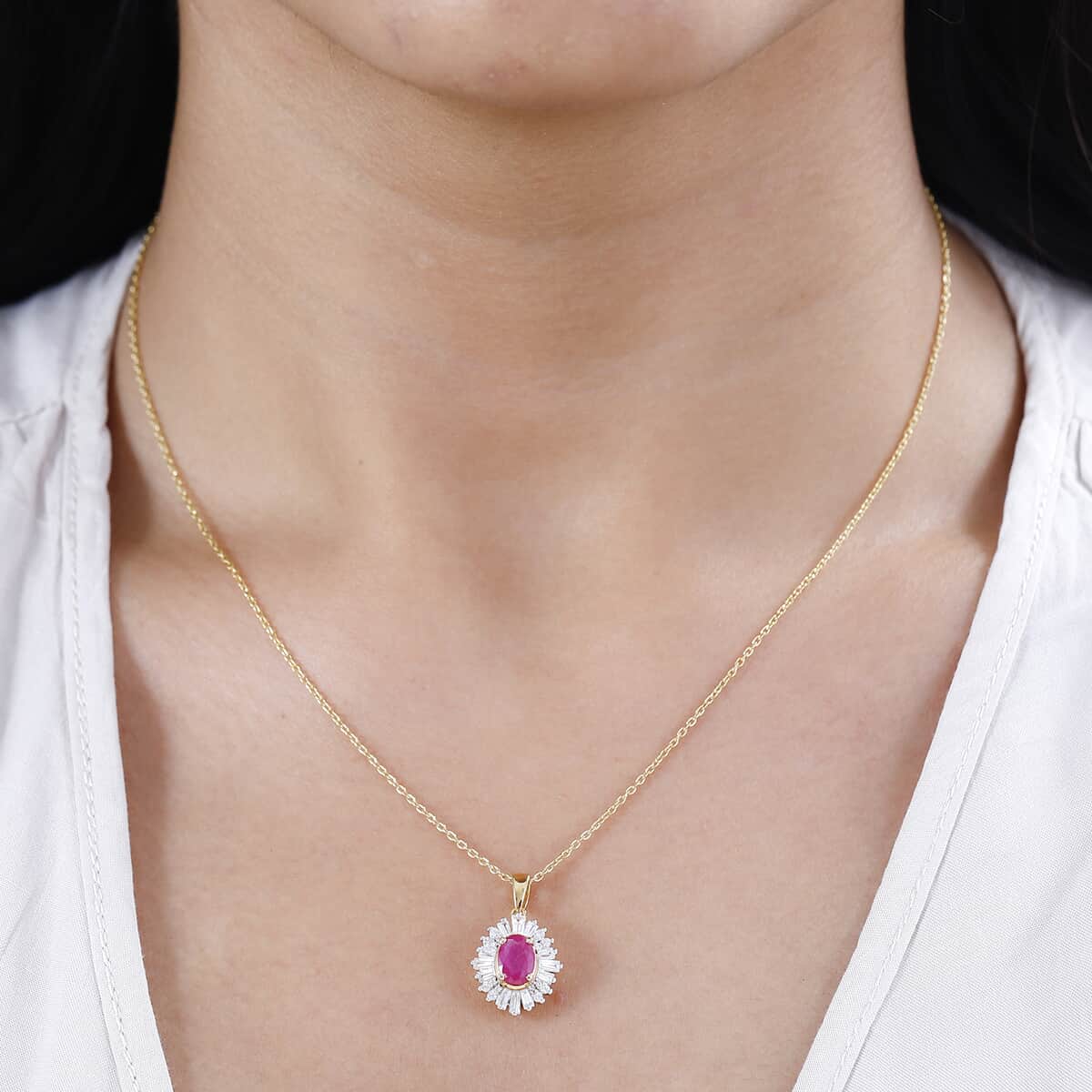 Premium Taveta Ruby and White Zircon Ballerina Pendant Necklace 20 Inches in Vermeil Yellow Gold Over Sterling Silver 1.90 ctw image number 2