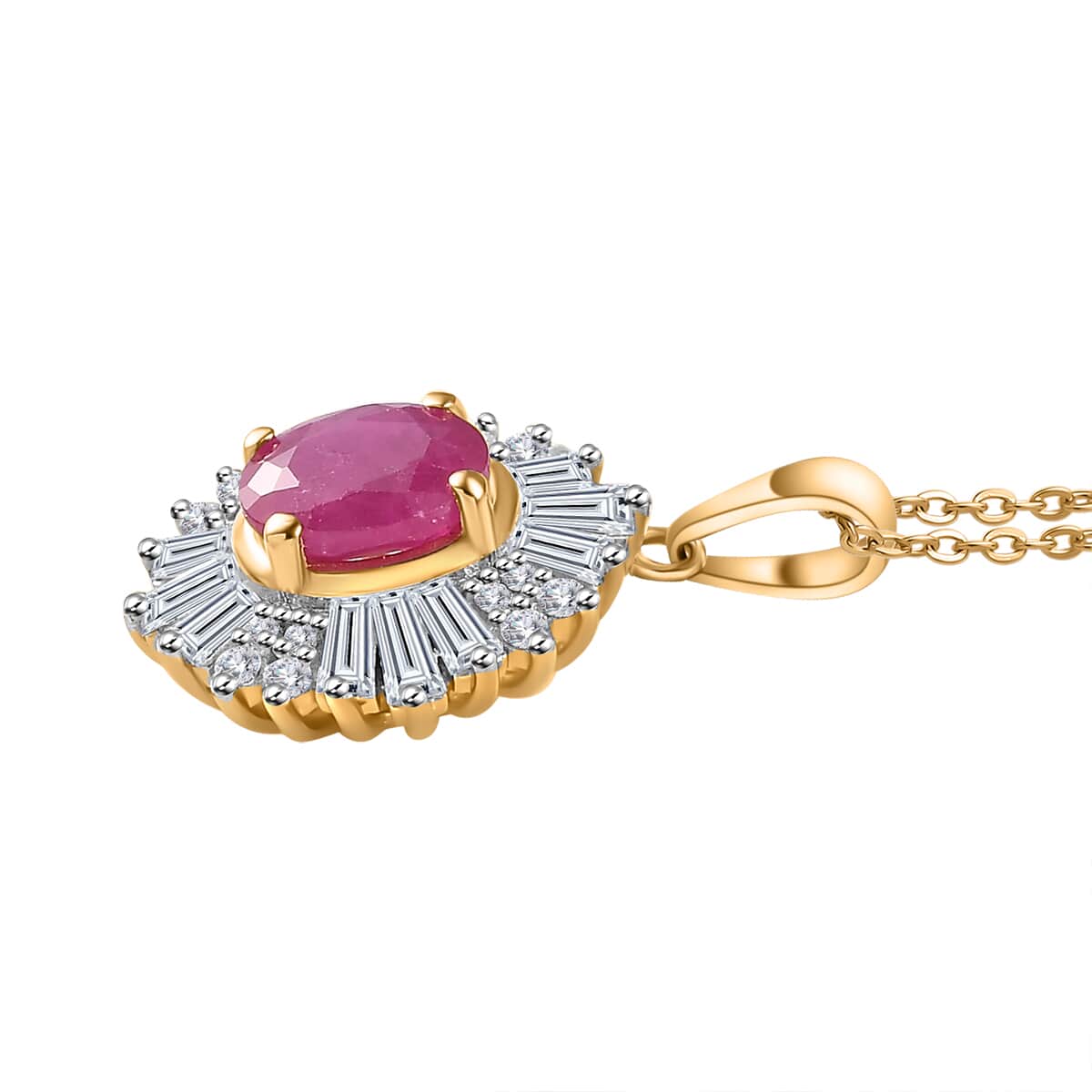 Premium Taveta Ruby and White Zircon Ballerina Pendant Necklace 20 Inches in Vermeil Yellow Gold Over Sterling Silver 1.90 ctw image number 3