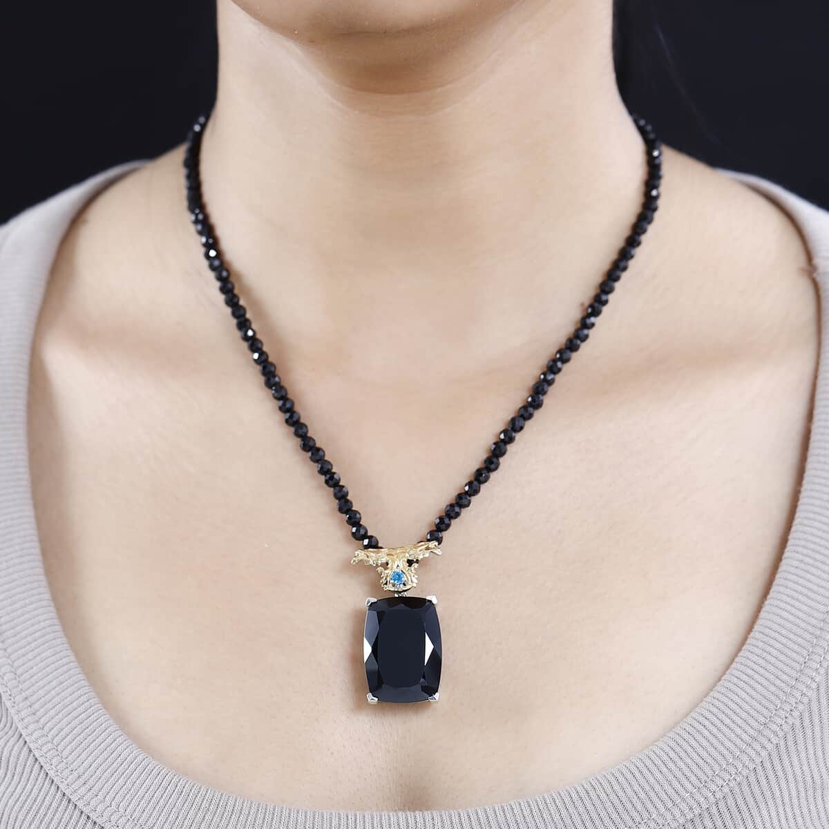 Thai Black Spinel, Malgache Neon Apatite Dragon Pendant with Beaded Necklace 18-20 Inches in Vermeil YG and Rhodium Over Sterling Silver 116.25 ctw image number 2