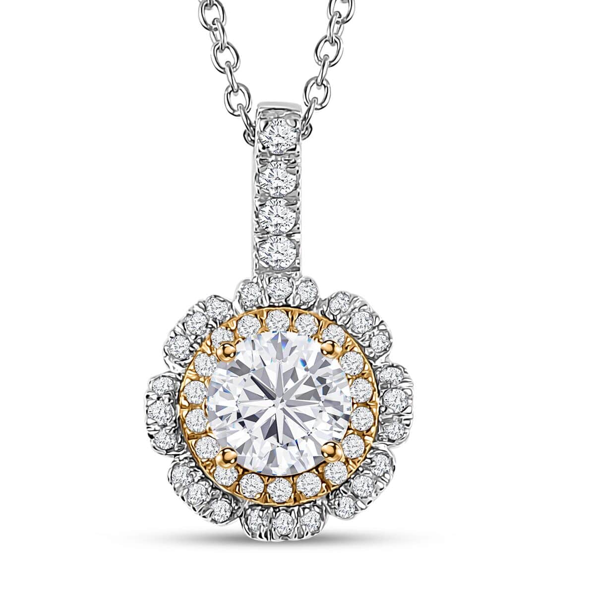 Moissanite Floral Pendant Necklace 20 Inches in Vermeil YG and Platinum Over Sterling Silver 1.20 ctw image number 0