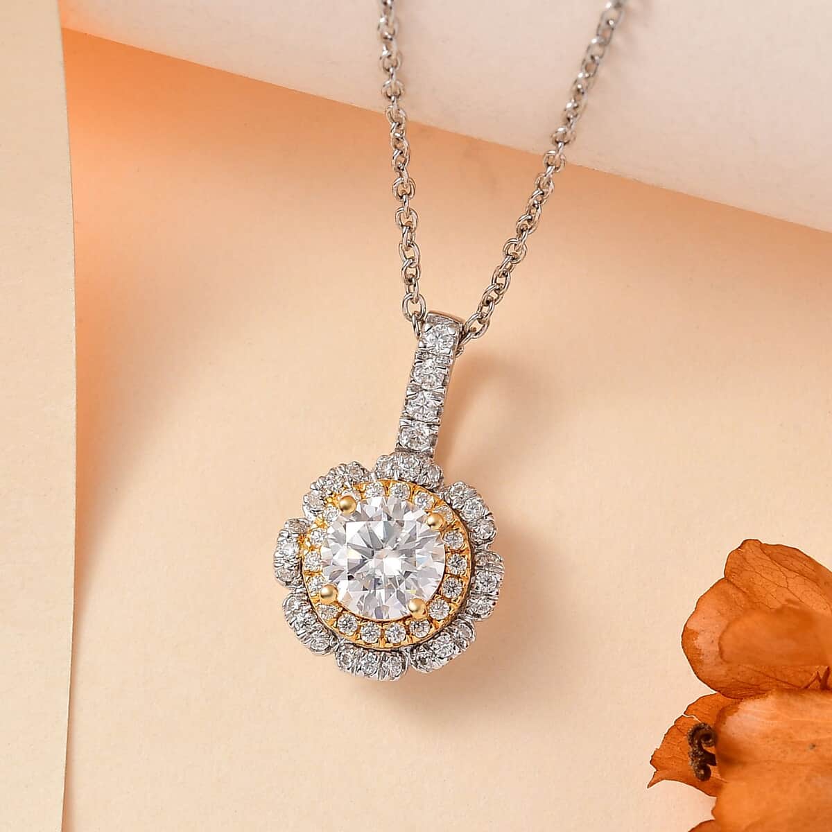 Moissanite Floral Pendant Necklace 20 Inches in Vermeil YG and Platinum Over Sterling Silver 1.20 ctw image number 1