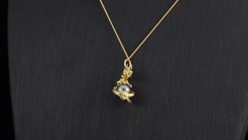 Tahitian Cultured Pearl and Chrome Diopside Dragon Pendant Necklace 18 Inches in Vermeil Yellow Gold Over Sterling Silver