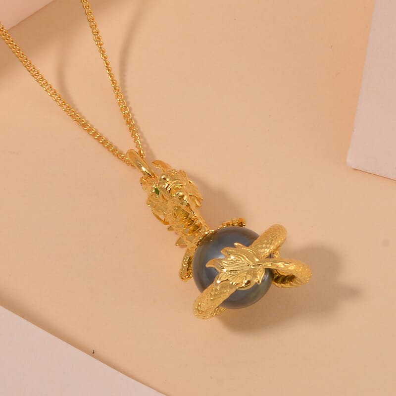 Tahitian Cultured Pearl and Chrome Diopside Dragon Pendant Necklace 18 Inches in Vermeil Yellow Gold Over Sterling Silver