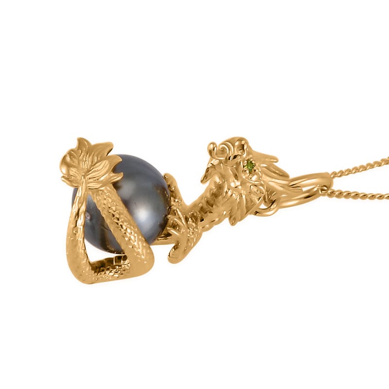 Tahitian Cultured Pearl and Chrome Diopside Dragon Pendant Necklace 18 Inches in Vermeil Yellow Gold Over Sterling Silver
