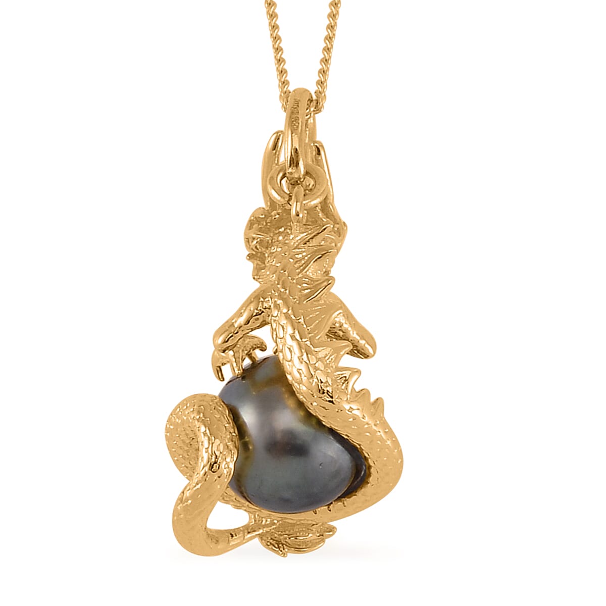 Tahitian Cultured Pearl and Chrome Diopside Dragon Pendant Necklace 18 Inches in Vermeil Yellow Gold Over Sterling Silver