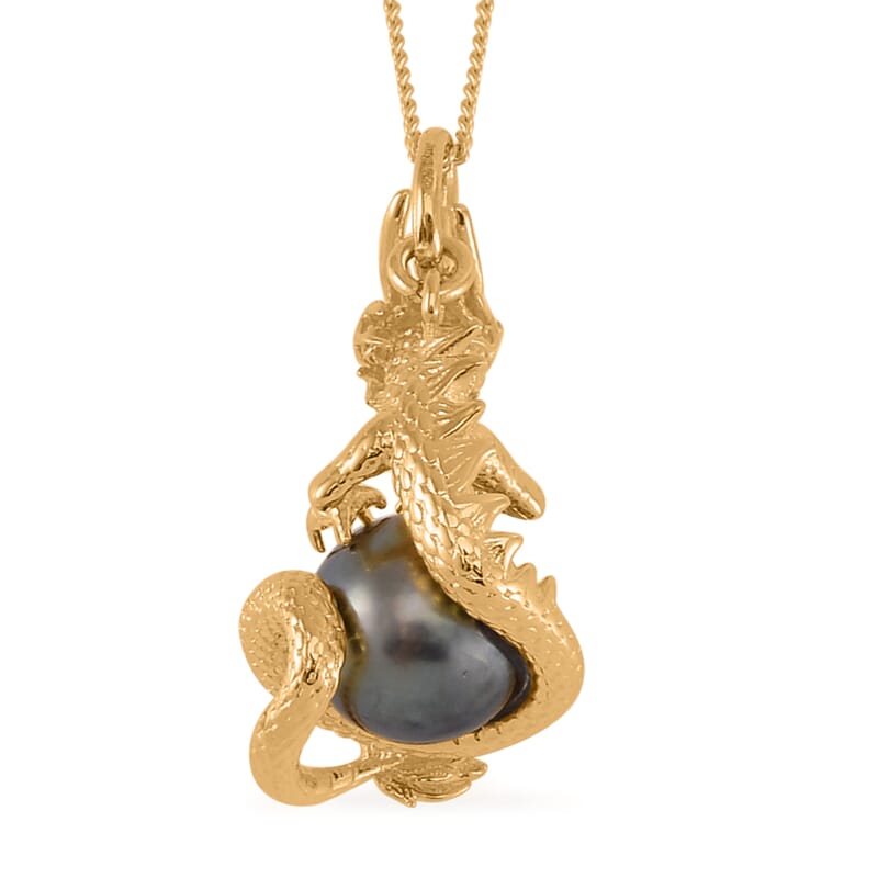 Tahitian Cultured Pearl and Chrome Diopside Dragon Pendant Necklace 18 Inches in Vermeil Yellow Gold Over Sterling Silver