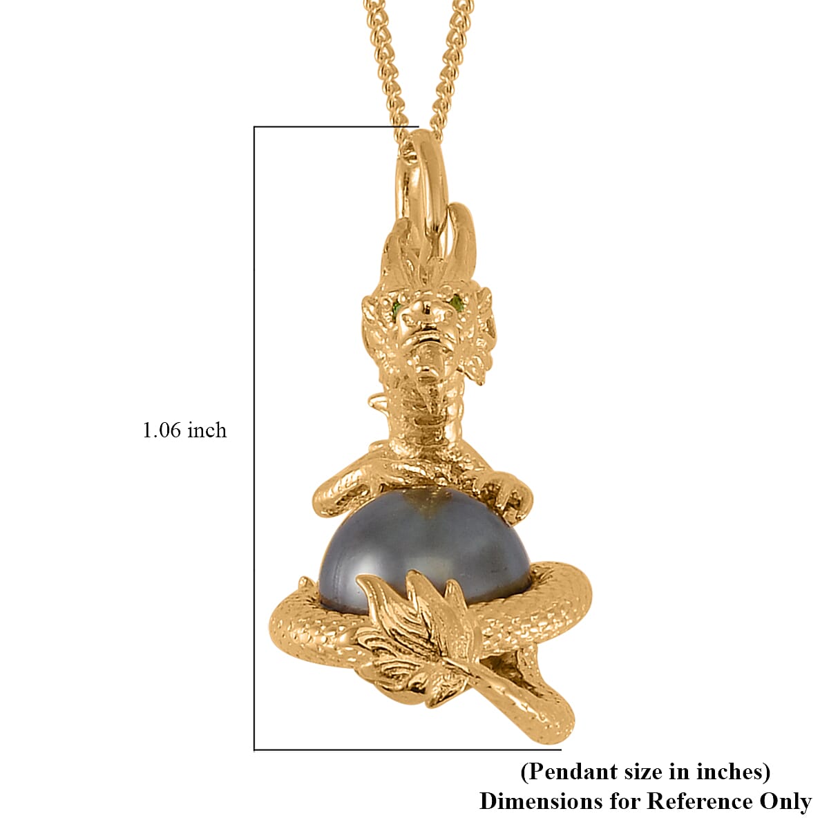Tahitian Cultured Pearl and Chrome Diopside Dragon Pendant Necklace 18 Inches in Vermeil Yellow Gold Over Sterling Silver