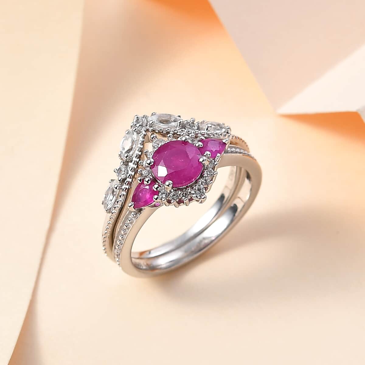 Premium Taveta Ruby and White Zircon Stackable Ring in Platinum Over Sterling Silver (Size 6.0) 2.15 ctw image number 1