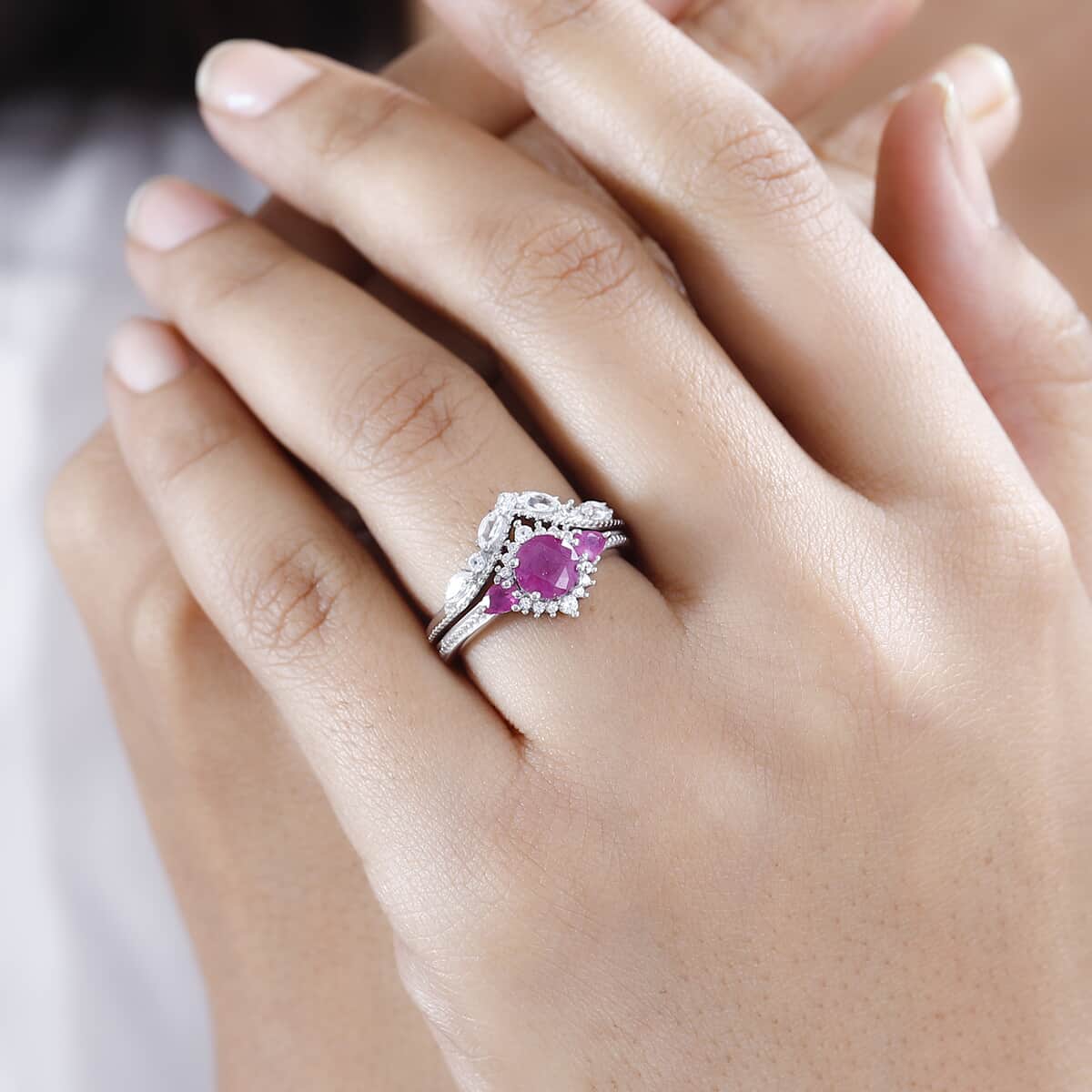 Premium Taveta Ruby and White Zircon Stackable Ring in Platinum Over Sterling Silver (Size 6.0) 2.15 ctw image number 2
