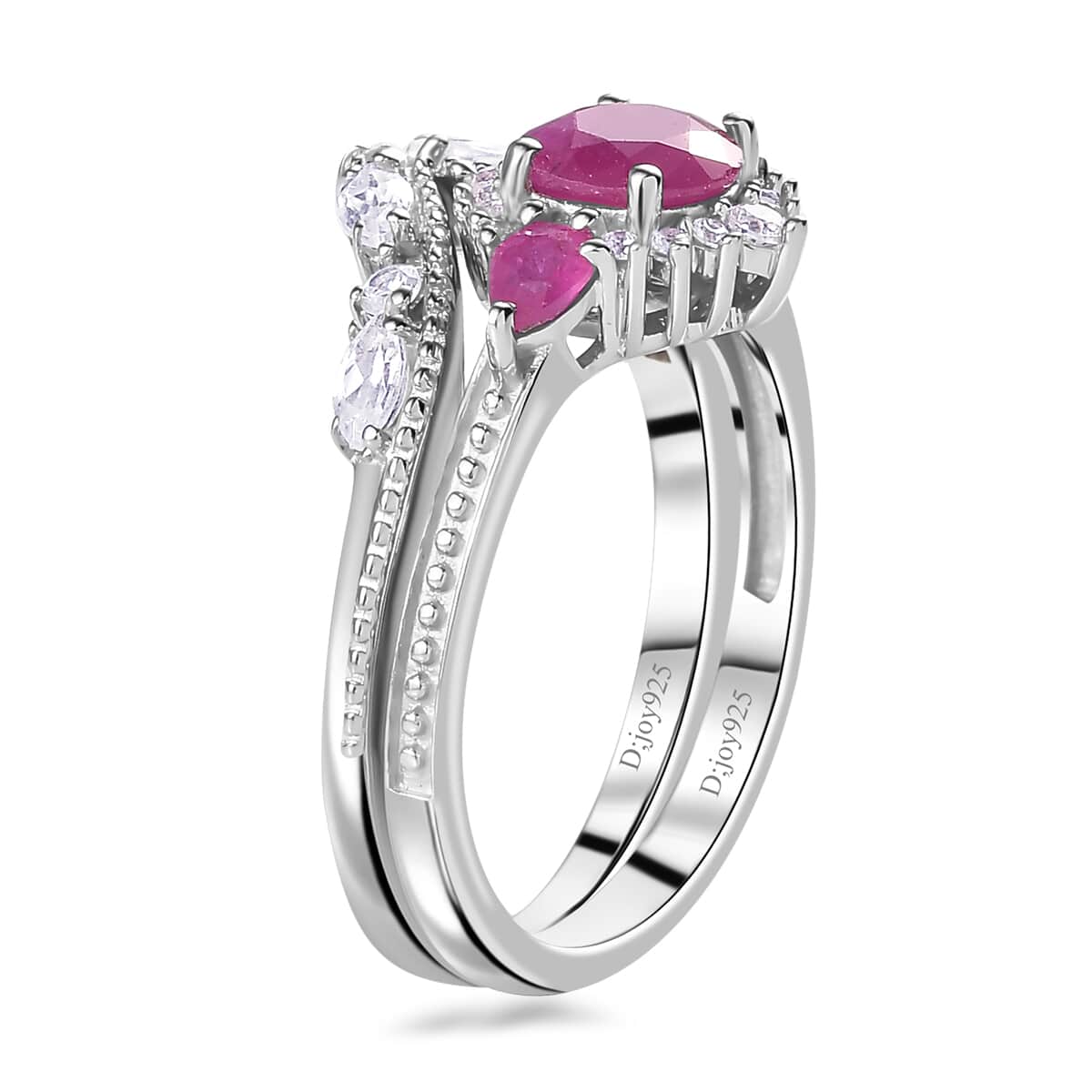 Premium Taveta Ruby and White Zircon Stackable Ring in Platinum Over Sterling Silver (Size 6.0) 2.15 ctw image number 4