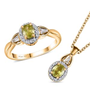 Premium Sphene and White Zircon Halo Ring (Size 6.0) and Pendant Necklace 20 Inches 18K Vermeil Yellow Gold Over Sterling Silver 1.35 ctw