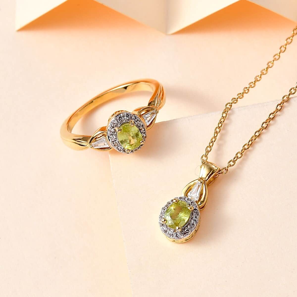 Premium Capelinha Sphene and White Zircon Halo Ring (Size 6.0) and Pendant Necklace 20 Inches 18K Vermeil Yellow Gold Over Sterling Silver 1.35 ctw image number 1
