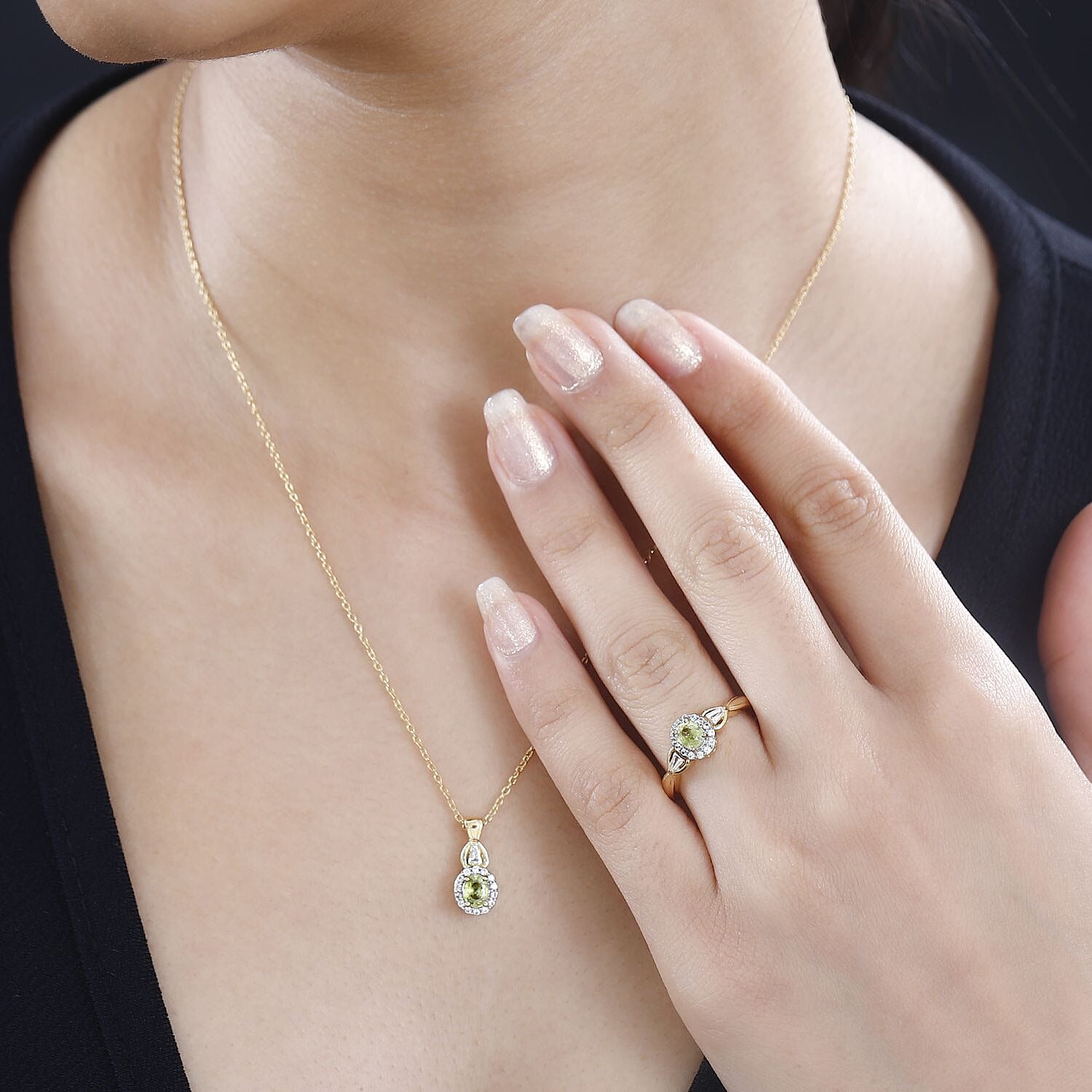 Premium Sphene and White Zircon Halo Ring (Size 6.0) and Pendant Necklace 20 Inches 18K Vermeil Yellow Gold Over Sterling Silver 1.35 ctw