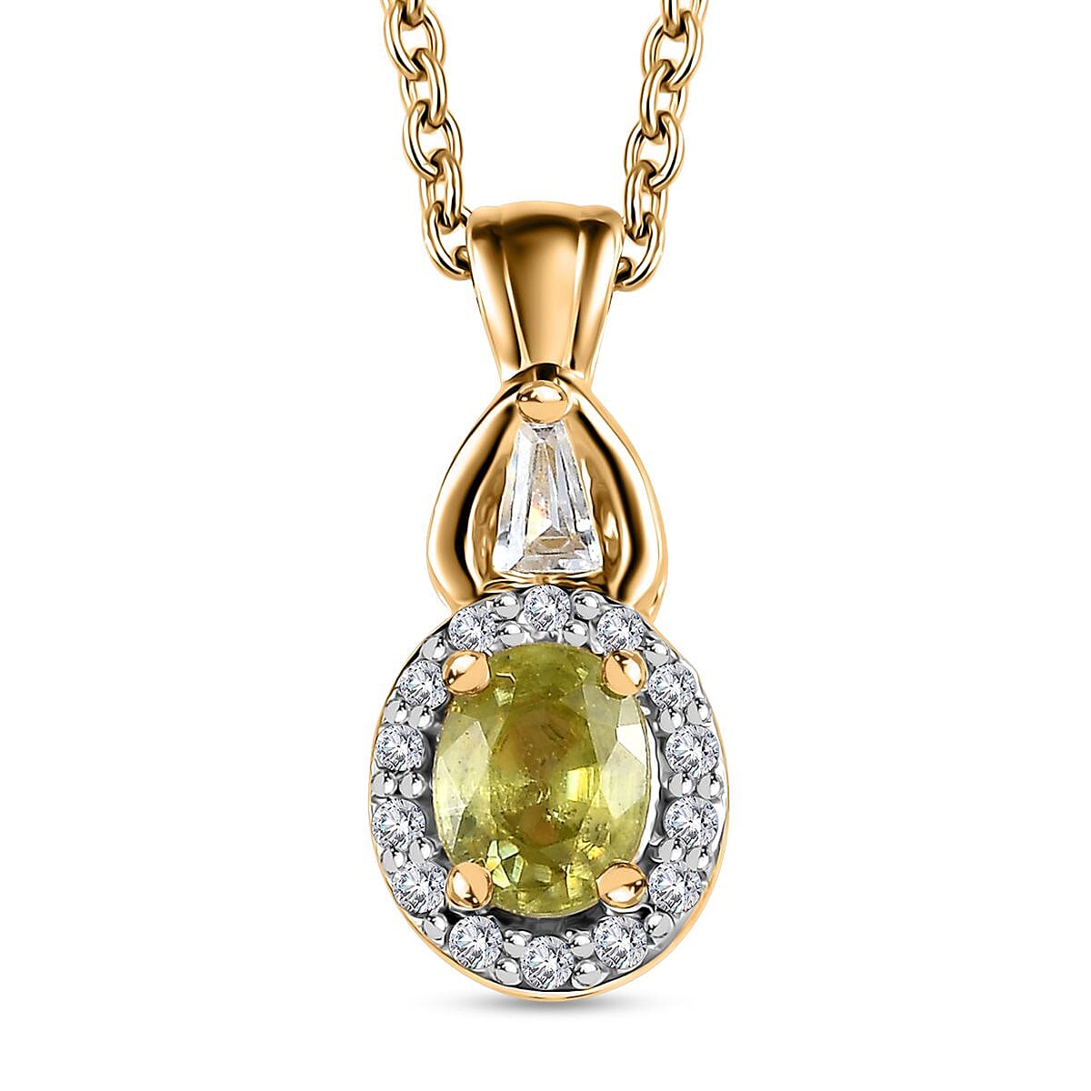 Premium Sphene and White Zircon Halo Ring (Size 6.0) and Pendant Necklace 20 Inches 18K Vermeil Yellow Gold Over Sterling Silver 1.35 ctw