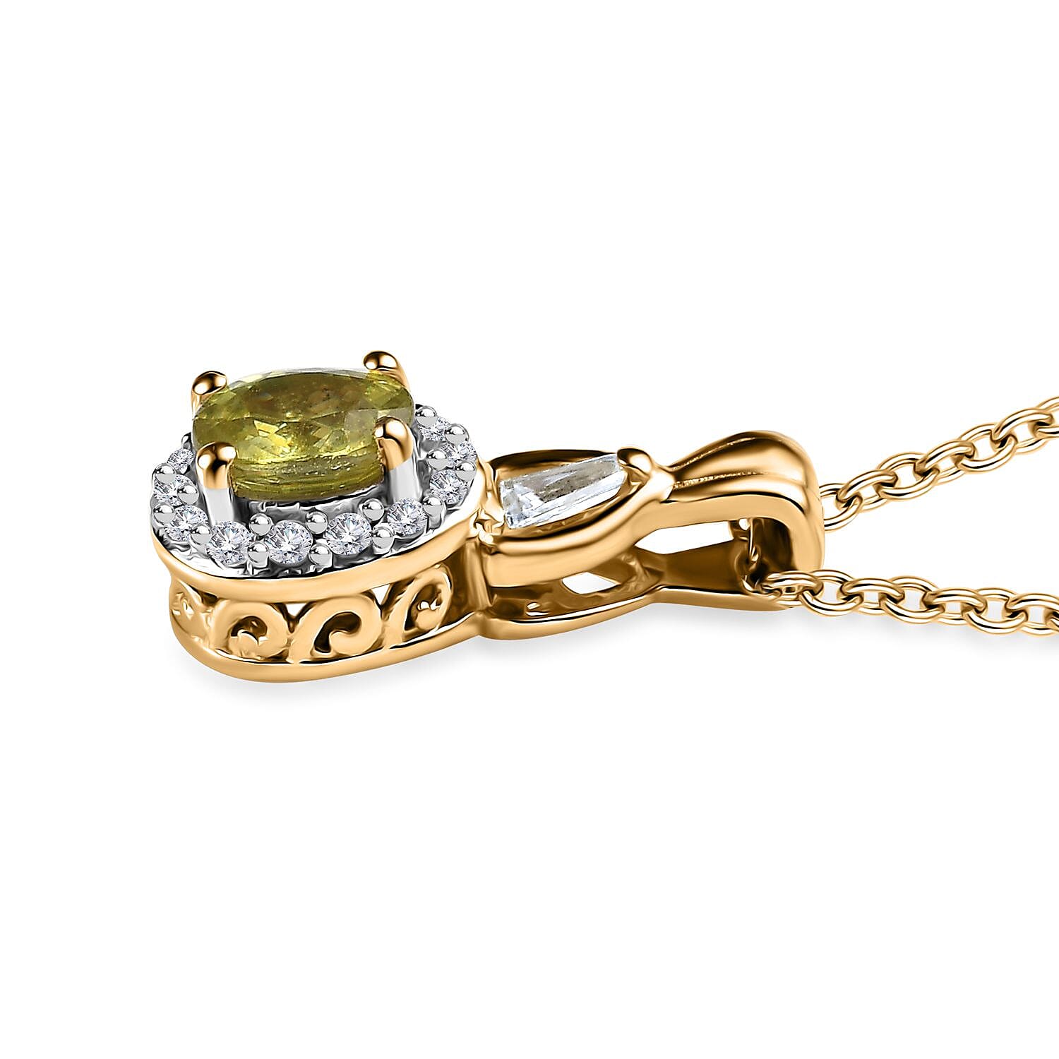 Premium Sphene and White Zircon Halo Ring (Size 6.0) and Pendant Necklace 20 Inches 18K Vermeil Yellow Gold Over Sterling Silver 1.35 ctw