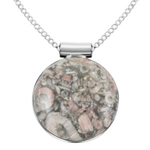 Insect Fossil Jasper Pendant Necklace 20 Inches in Silvertone 32.50 ctw