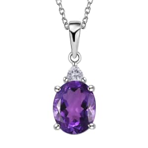 Premium Moroccan Amethyst and White Zircon Pendant Necklace 20 Inches in Rhodium Over Sterling Silver 2.65 ctw