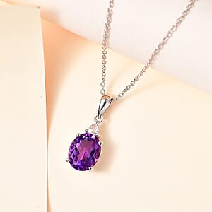Premium Moroccan Amethyst and White Zircon Pendant Necklace 20 Inches in Rhodium Over Sterling Silver 2.65 ctw