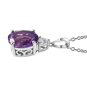Premium Moroccan Amethyst and White Zircon Pendant Necklace 20 Inches in Rhodium Over Sterling Silver 2.65 ctw