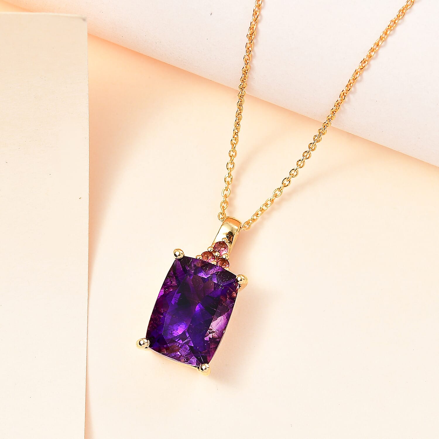 AAA Moroccan Amethyst and Ofiki Rubellite Pendant Necklace 20 Inches in 18K Vermeil Yellow Gold Over Sterling Silver 7.00 ctw