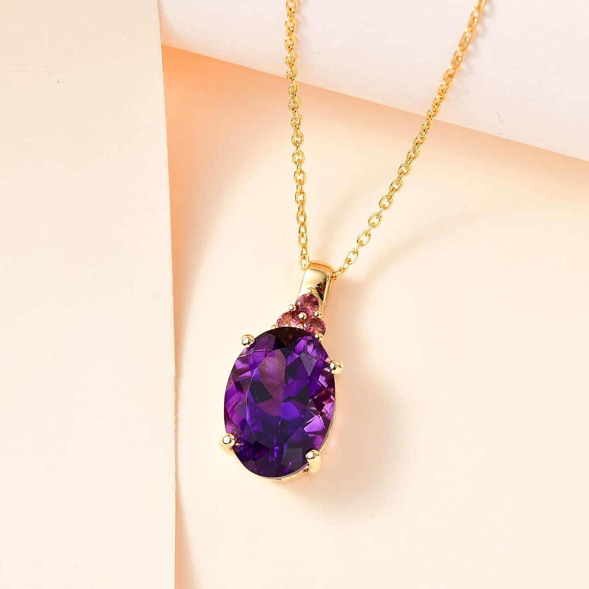 AAA Moroccan Amethyst and Ofiki Rubellite Pendant Necklace 20 Inches 18K Vermeil Yellow Gold Over Sterling Silver 6.15 ctw image number 1