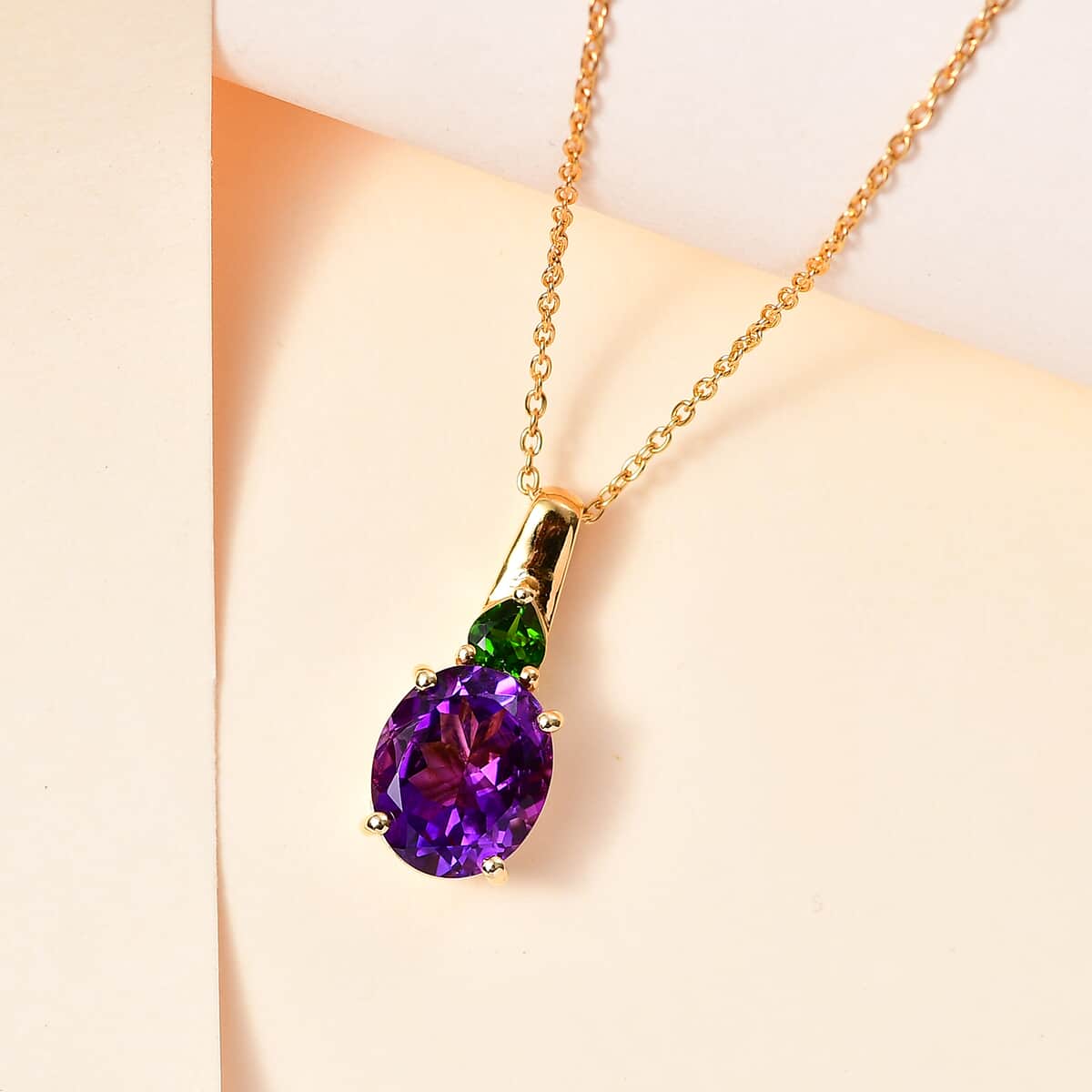 Premium Moroccan Amethyst and Chrome Diopside Pendant Necklace 20 Inches in 18K Vermeil Yellow Gold Over Sterling Silver 3.80 ctw image number 1