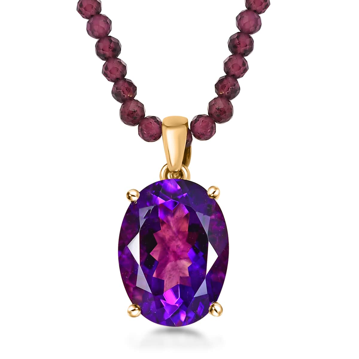 AAA Moroccan Amethyst Pendant with Orissa Rhodolite Garnet Beaded Necklace 20 Inches in 18K Vermeil Yellow Gold Over Sterling Silver 79.00 ctw image number 0