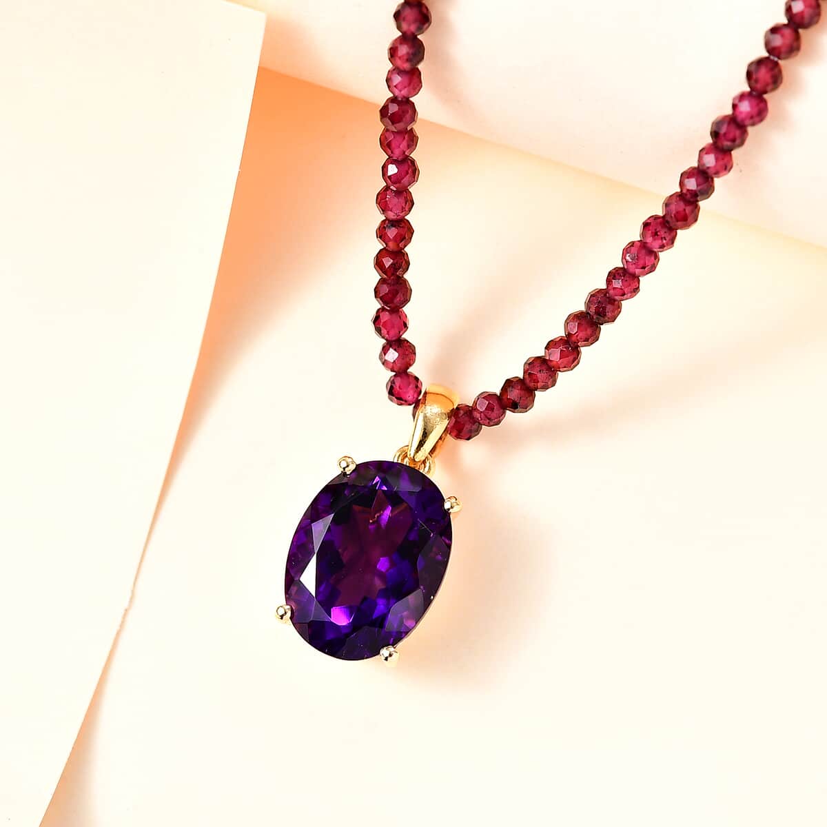 AAA Moroccan Amethyst Pendant with Orissa Rhodolite Garnet Beaded Necklace 20 Inches in 18K Vermeil Yellow Gold Over Sterling Silver 79.00 ctw image number 1