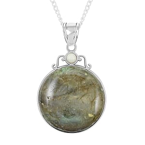 Labradorite and Multi Gemstone Coyote Moon & Sun Pendant Necklace 18 Inches in Silvertone 8.40 ctw