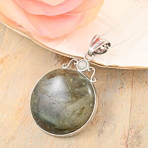 Labradorite and Multi Gemstone Coyote Moon & Sun Pendant Necklace 18 Inches in Silvertone 8.40 ctw