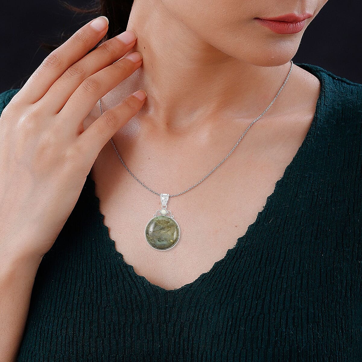 Labradorite and Multi Gemstone Coyote Moon & Sun Pendant Necklace 18 Inches in Silvertone 8.40 ctw image number 2