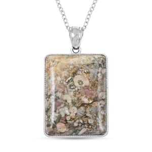 Insect Fossil Jasper Rectangle Pendant Necklace 18 Inches in Silvertone 17.70 ctw