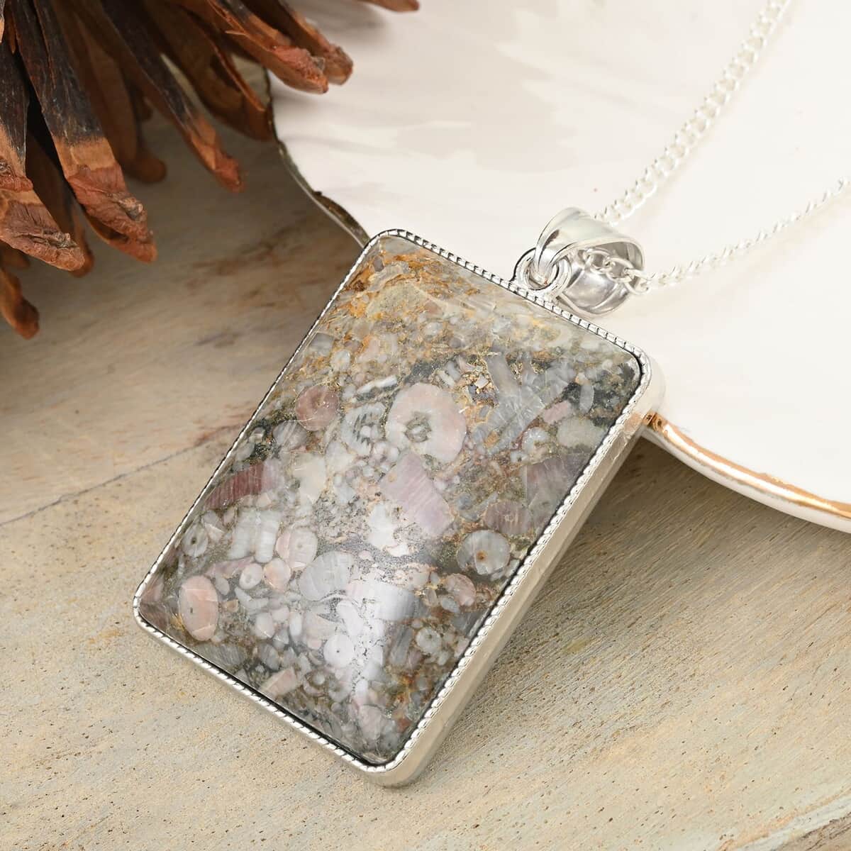 Insect Fossil Jasper Rectangle Pendant Necklace 18 Inches in Silvertone 17.70 ctw image number 1
