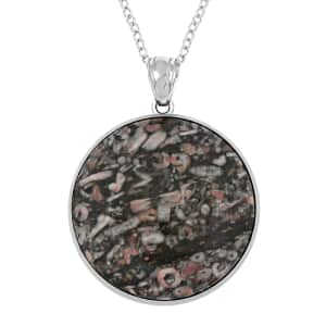 Insect Fossil Jasper Round Pendant Necklace 18 Inches in Silvertone 14.00 ctw