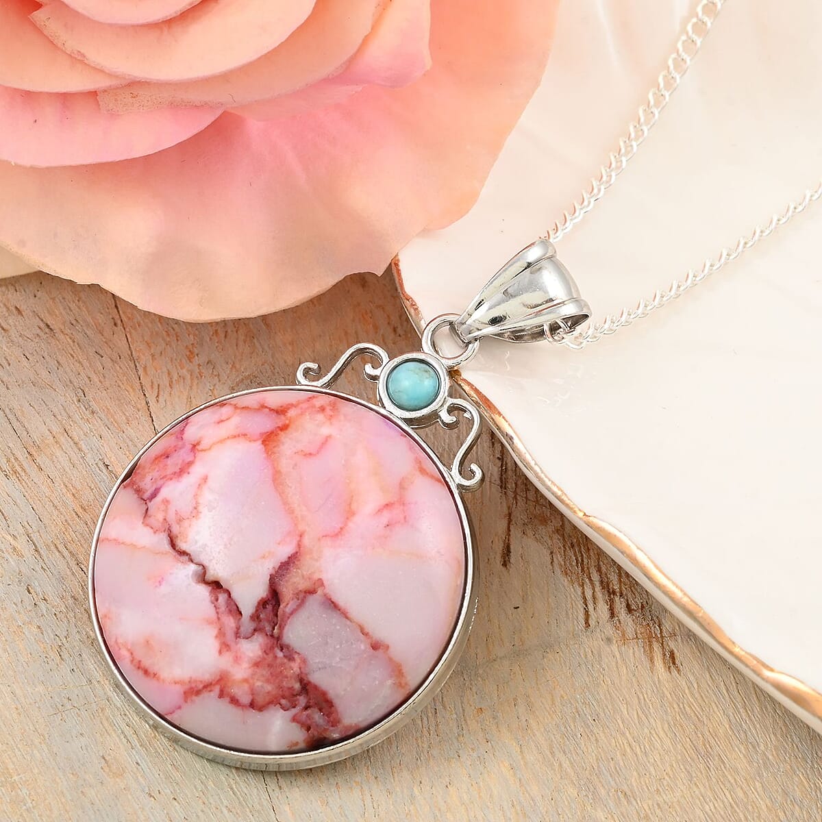 Pink Matrix Jasper and Turquoise Pendant Necklace 18 Inches in Silvertone 11.60 ctw image number 1
