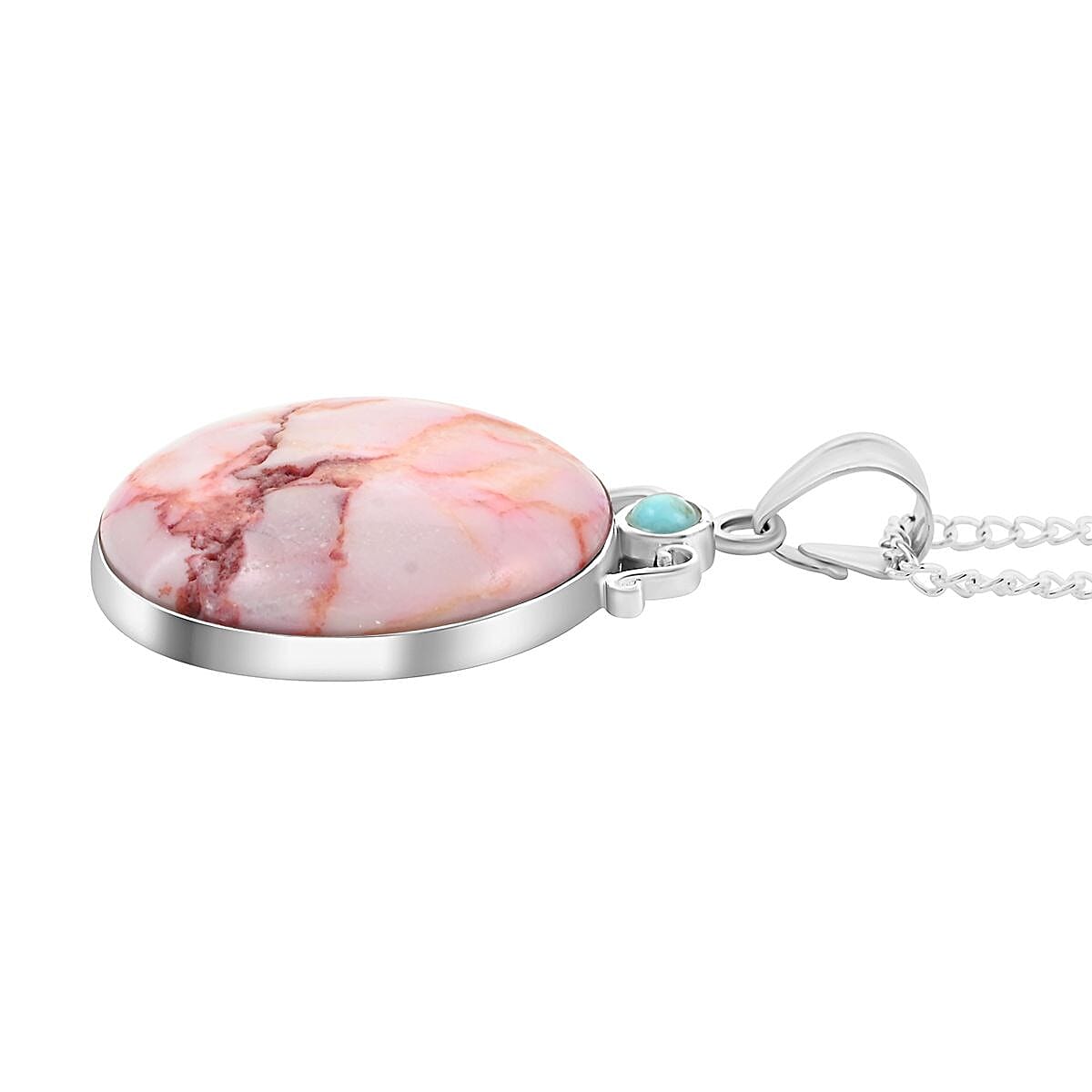 Pink Matrix Jasper and Turquoise Pendant Necklace 18 Inches in Silvertone 11.60 ctw image number 3