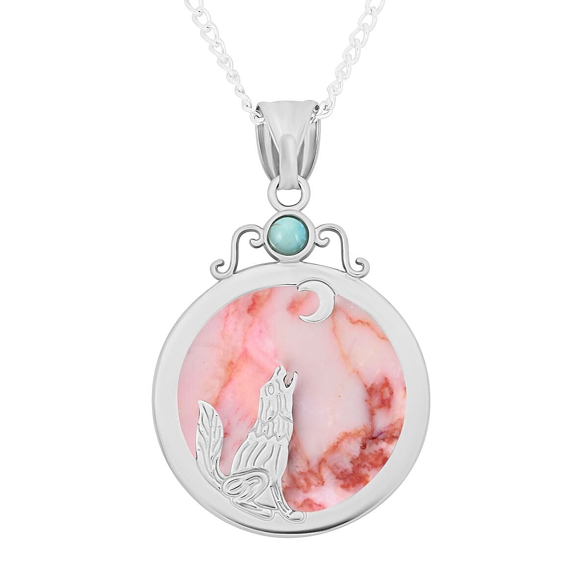 Pink Matrix Jasper and Turquoise Pendant Necklace 18 Inches in Silvertone 11.60 ctw image number 5