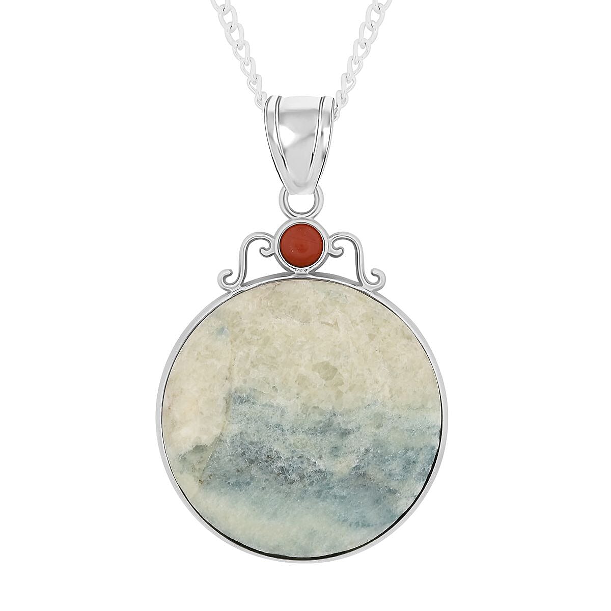Aquamarine Quartz and Agate Pendant Necklace 18 Inches in Silvertone 12.90 ctw