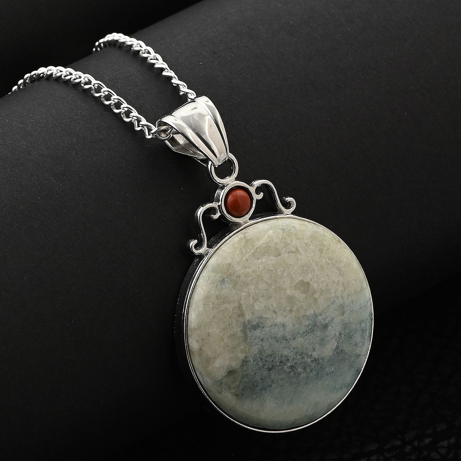 Aquamarine Quartz and Agate Pendant Necklace 18 Inches in Silvertone 12.90 ctw