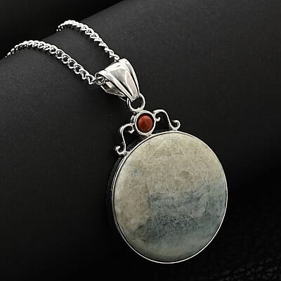 Aquamarine Quartz and Agate Pendant Necklace 18 Inches in Silvertone 12.90 ctw