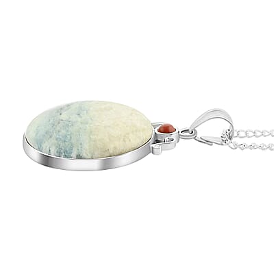 Aquamarine Quartz and Agate Pendant Necklace 18 Inches in Silvertone 12.90 ctw