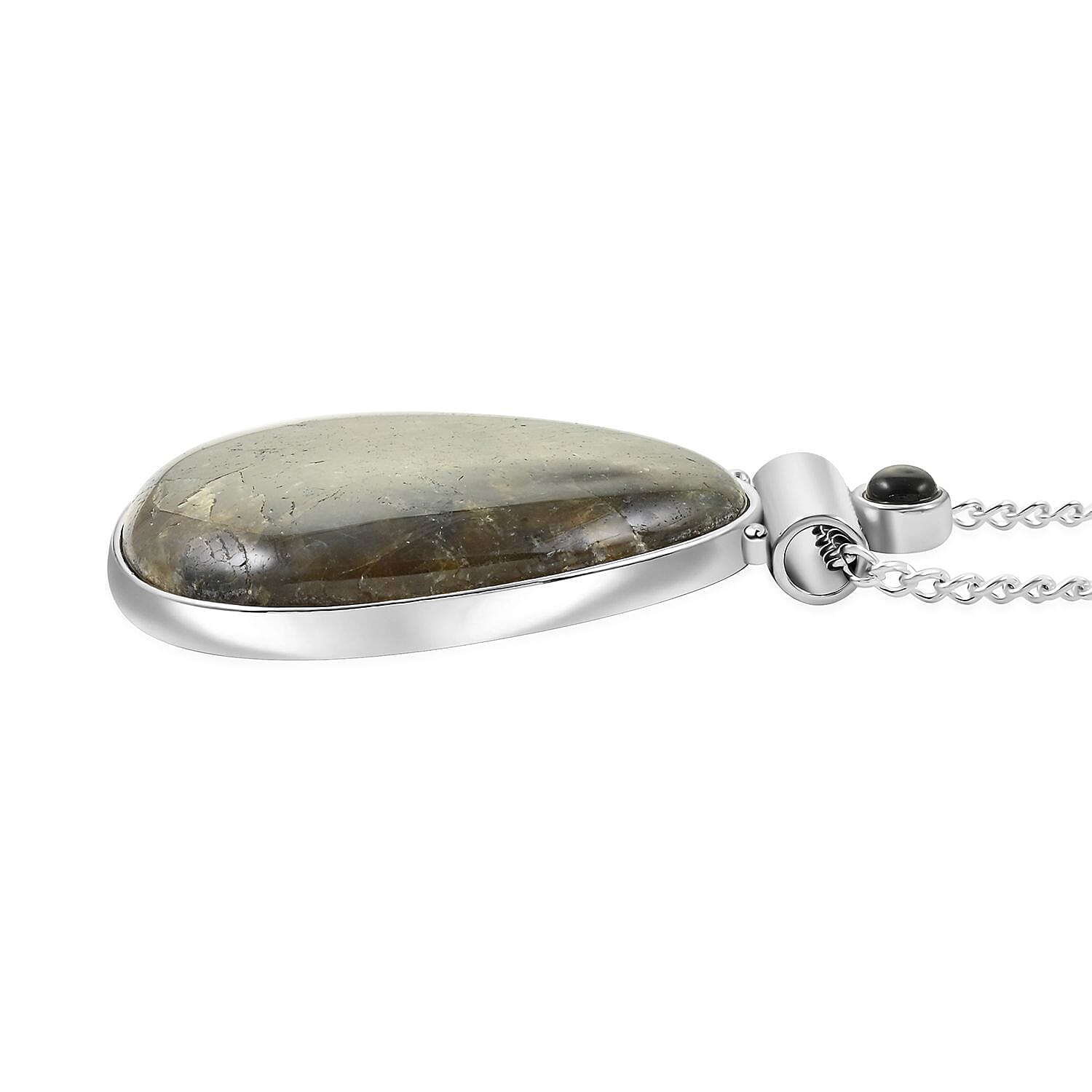 Labradorite and Obsidian Pendant Necklace 18 Inches in Silvertone 13.60 ctw