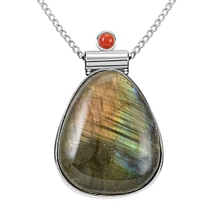 Labradorite, Agate Pendant Necklace (18 Inches) in Silvertone 13.60 ctw