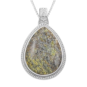 Yellow Turtle Jasper Drop Pendant Necklace 18 Inches in Silvertone 20.90 ctw