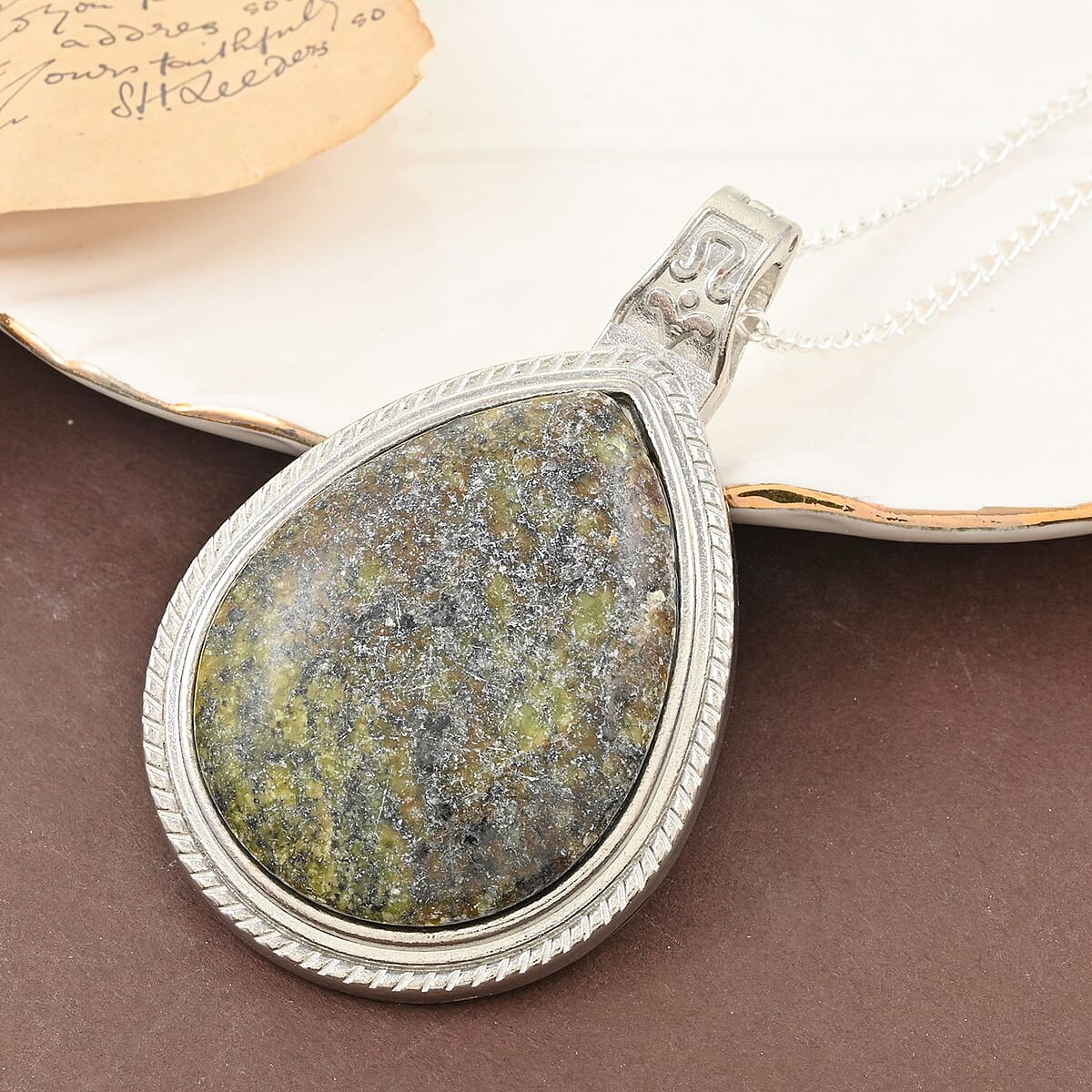 Yellow Turtle Jasper Drop Pendant Necklace 18 Inches in Silvertone 20.90 ctw image number 1