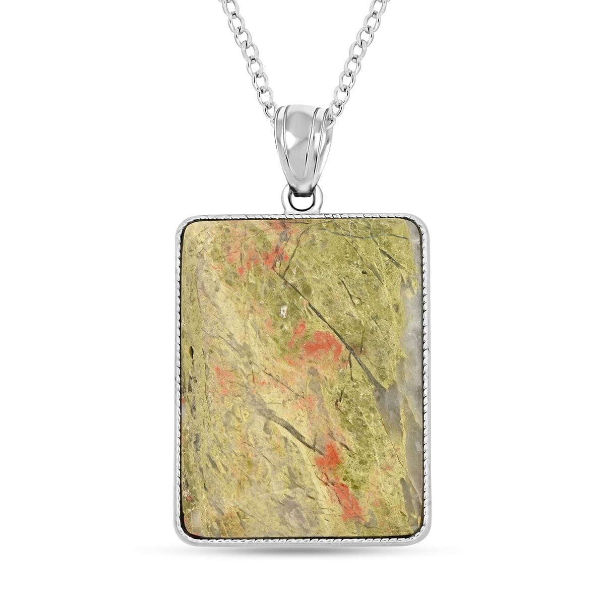 Unakite Rectangle Pendant Necklace 18 Inches in Silvertone 23.20 ctw image number 0