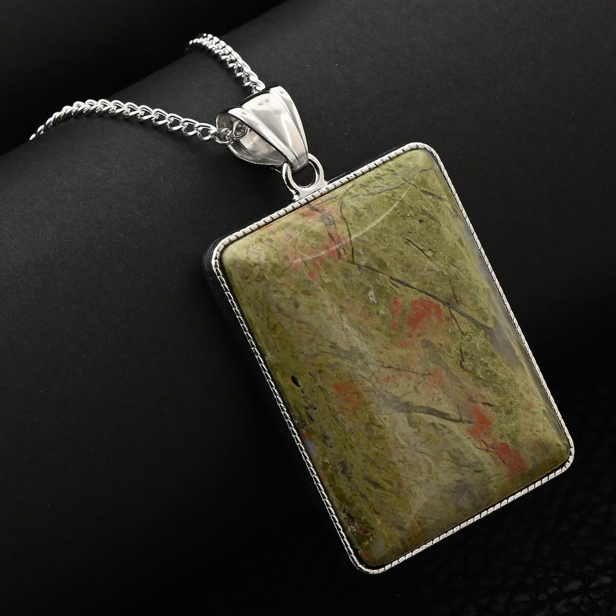 Unakite Rectangle Pendant Necklace 18 Inches in Silvertone 23.20 ctw image number 1