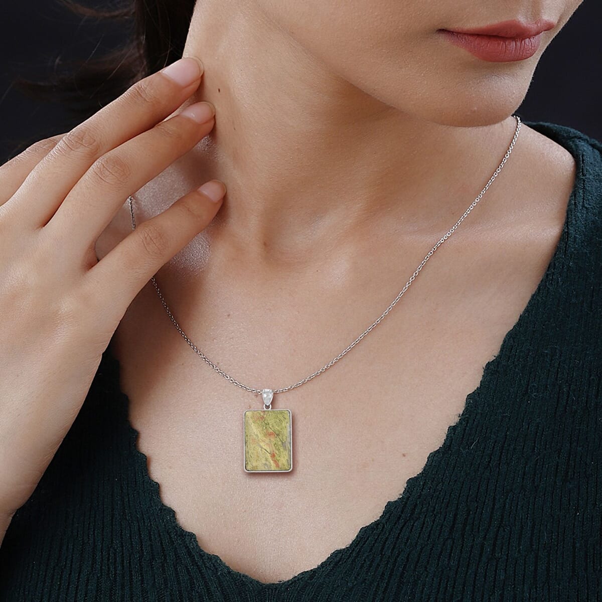 Unakite Rectangle Pendant Necklace 18 Inches in Silvertone 23.20 ctw image number 2