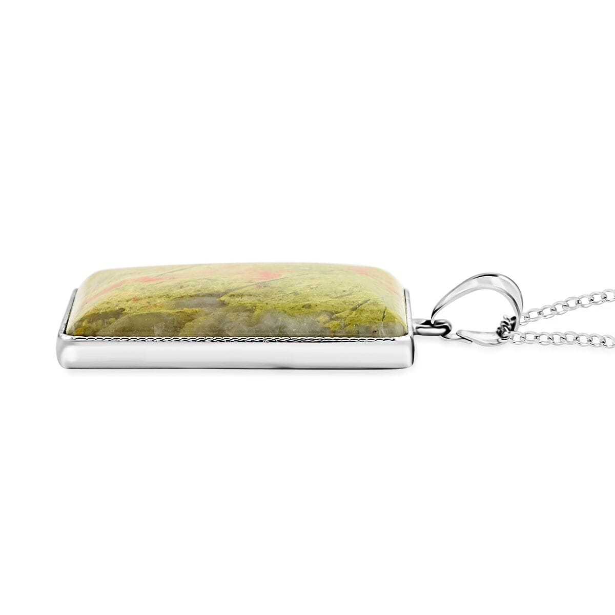 Unakite Rectangle Pendant Necklace 18 Inches in Silvertone 23.20 ctw image number 3