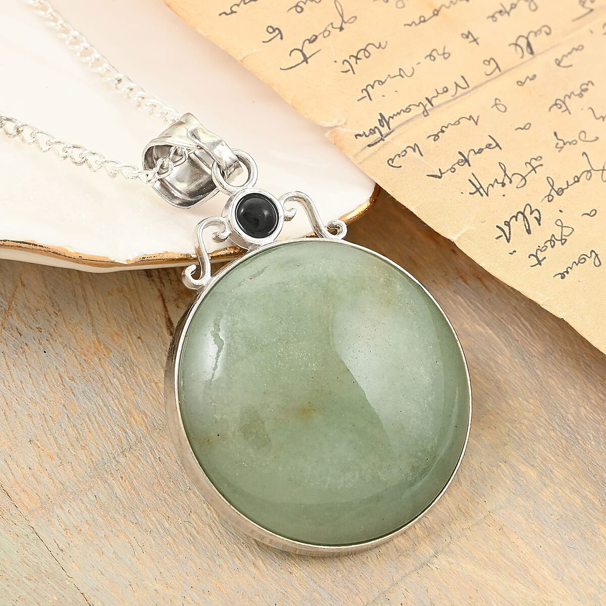 Green Aventurine and Obsidian Pendant Necklace 18 Inches in Silvertone 11.20 ctw image number 1